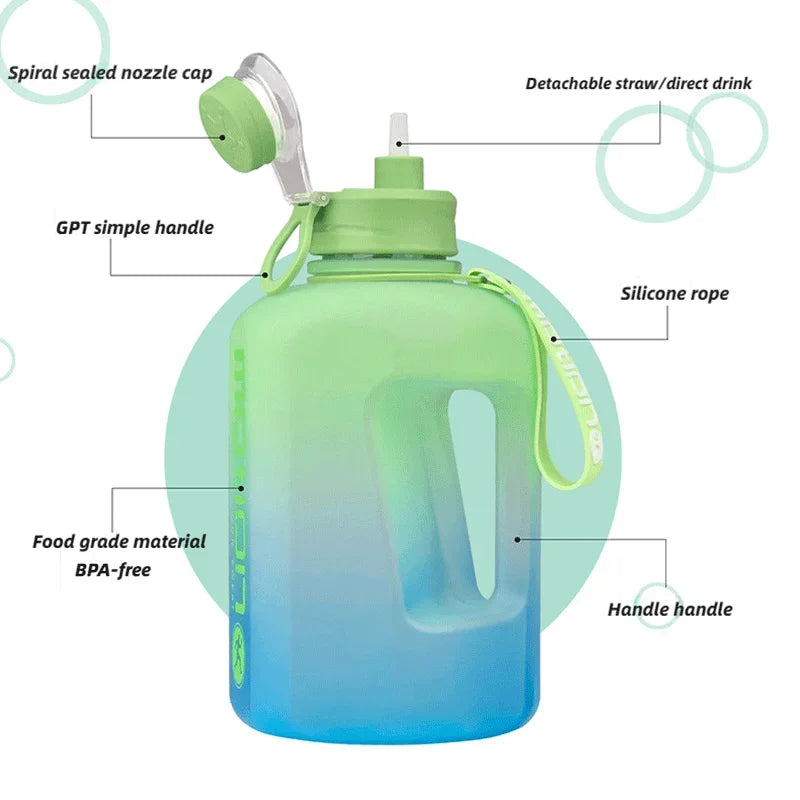2 Liter Sports Water Bottle with Straw Large Capacity Fitness with Scale Gradient Kettle Outdoor Plastic Portable Water Bottle